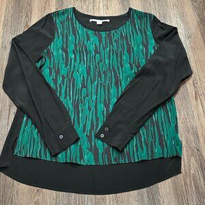 Diane Von Furstenberg | Silk Patterned Long Sleeve Blouse | Black/Green| Size 12